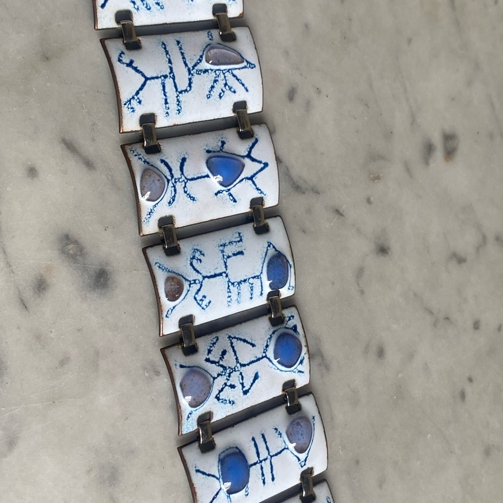 Vintage Kay Denning Tribal Cave Drawings Enamel Glass Stone Panel Link Bracelet